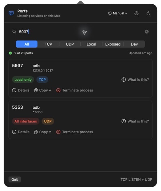 Ports search for 5037 showing two results because search also matches commands