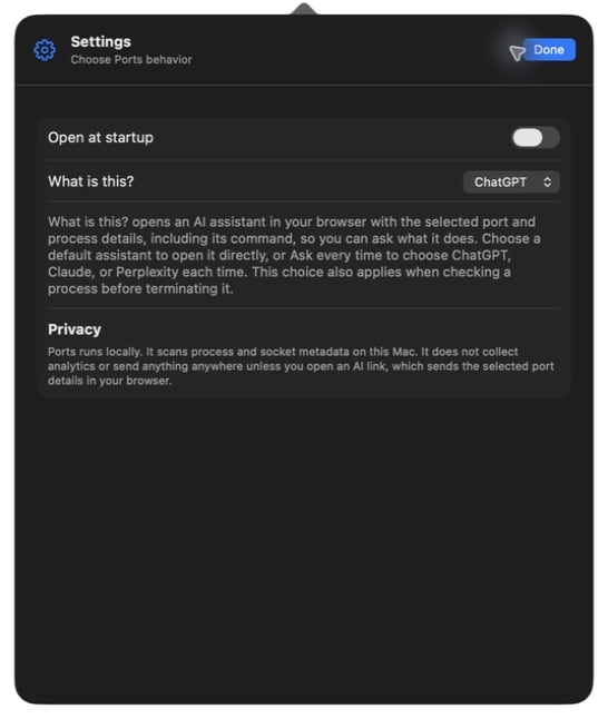 Ports Settings panel with startup and AI provider preferences