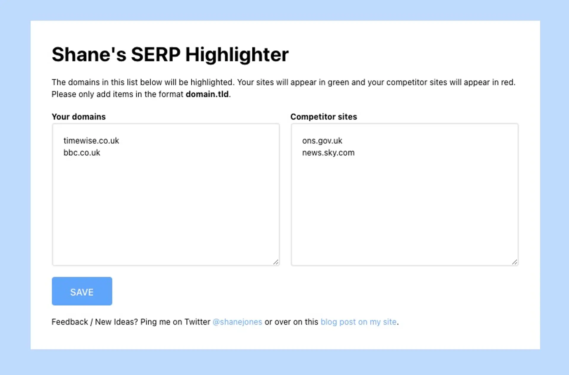 SERP Highlighter settings page for adding monitored domains
